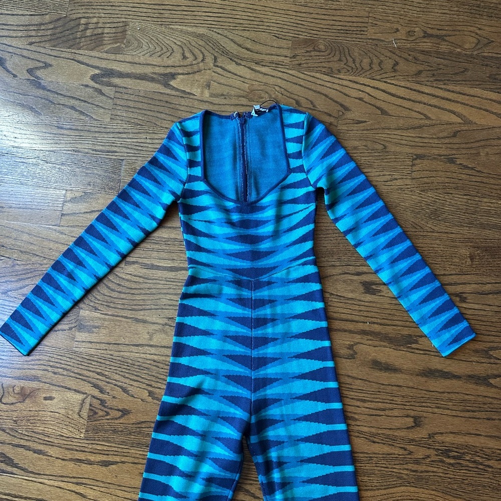 NWT Fashion Nova Stay in Touch Long Sleeve Blue Teal Sweater Jumpsuit Size Small - Picture 3 of 4